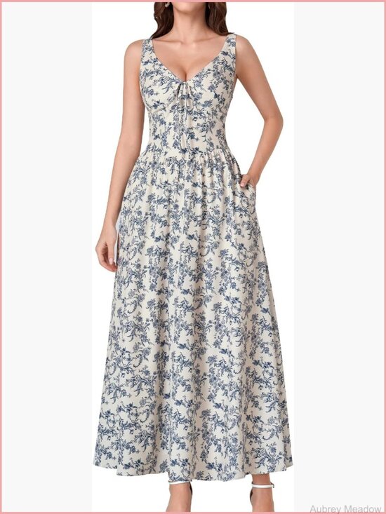 Dresses & Skirts - Floral Corset Wedding Guest Maxi Dress Flowy Lace Up Milkmaid Sundress with